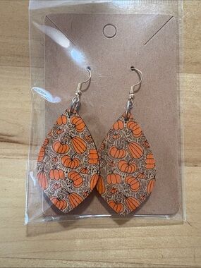 Pumpkin Print Teardrop Earrings — Orange & Brown